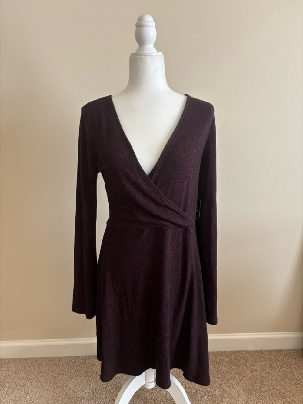 Express Long-Sleeve Wrap Dress in Plum/Burgundy